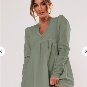 Sage Poplin V Neck Button Smock Dress